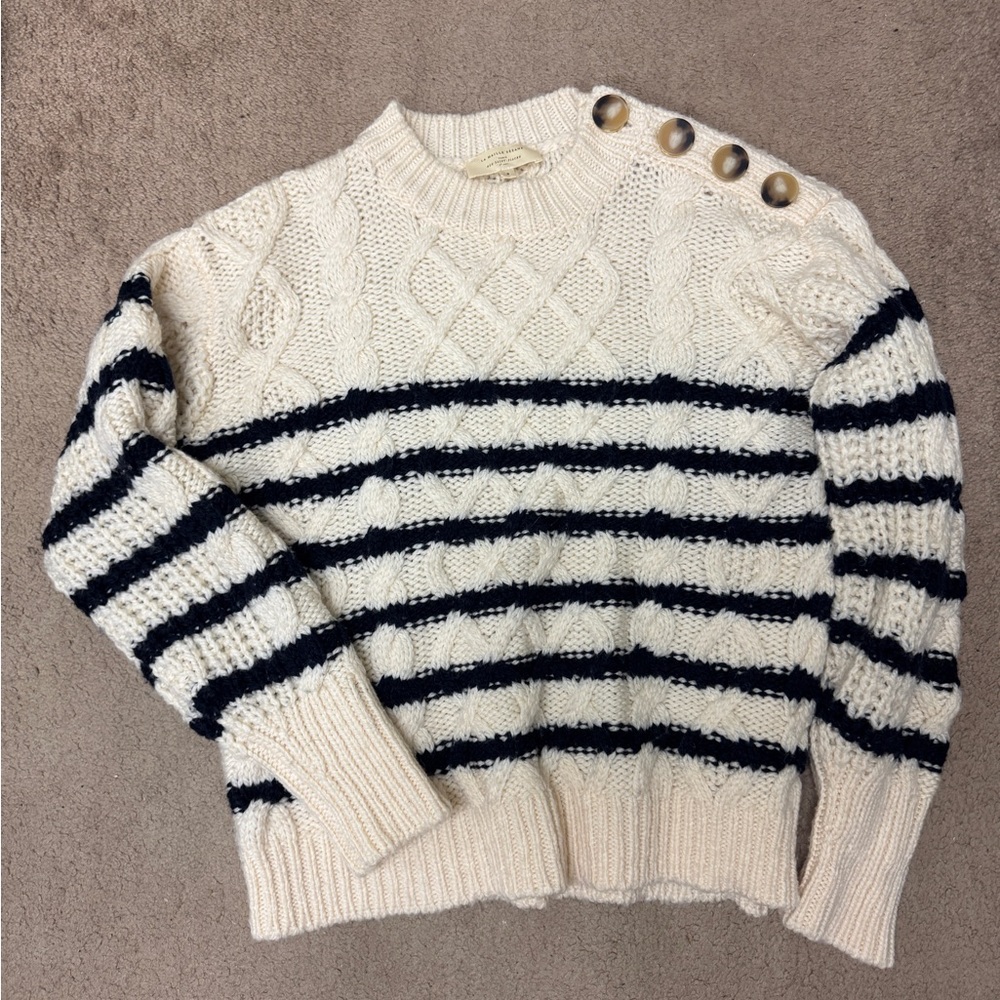 Sezane Striped Cream and Black Sweater with Button - Picture 2 of 8